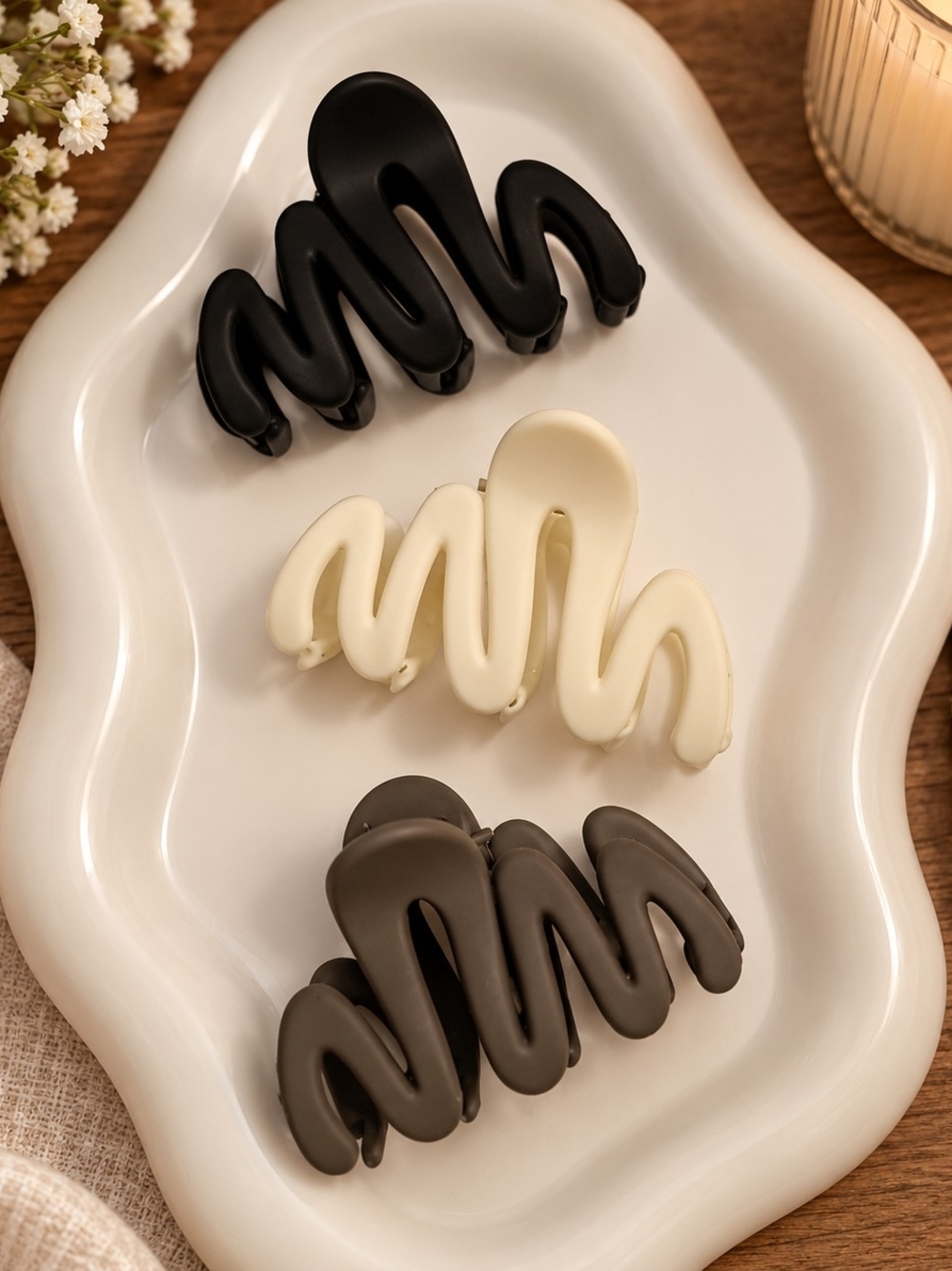 Classic Wave Hair Claw Clip Trio - Black, Cream, Brown New